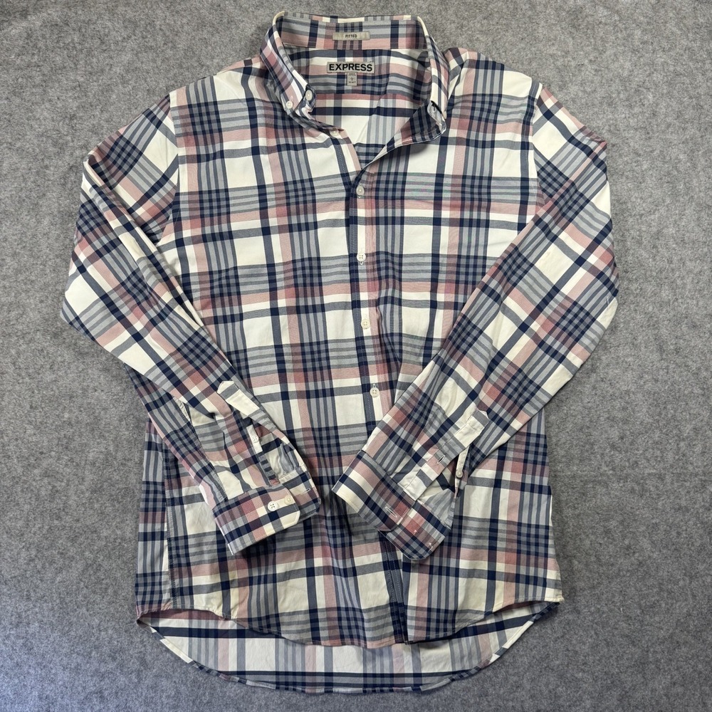 Express Fitted Button Down Shirt Large Blue Red Plaid Cotton Blend